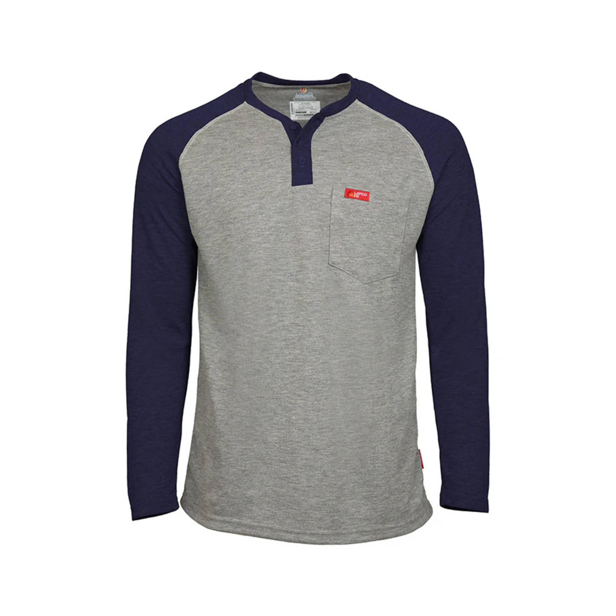 Lapco 6oz. Flame-Resistant Raglan Sleeve Henley T-Shirt Gray-Navy from GME Supply